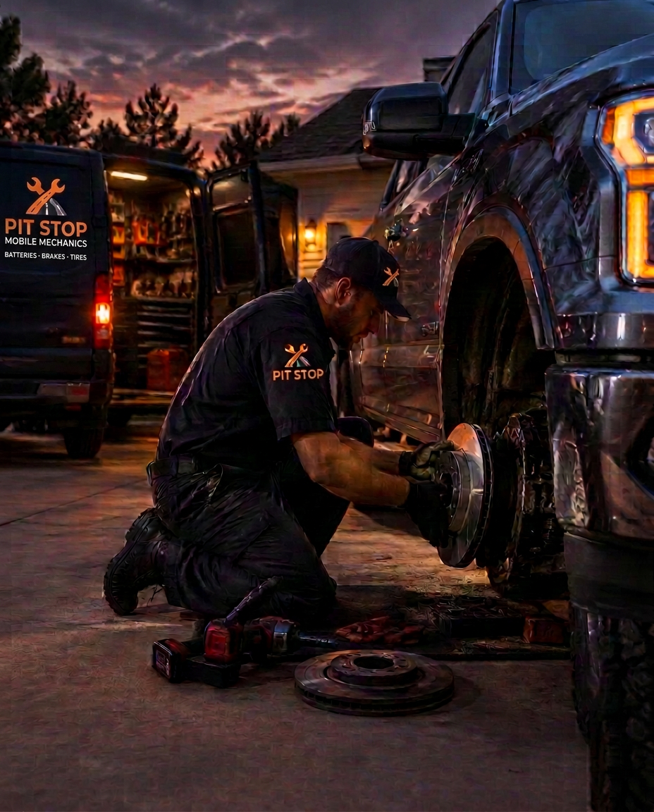 Pit Stop mechanic replacing brake rotor in a customer's driveway
